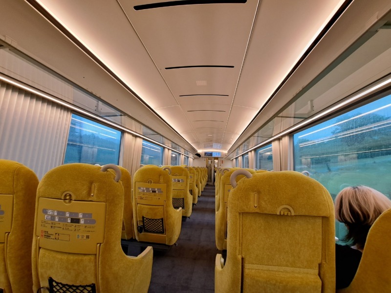 大きな窓と快適な内部が特徴の特急列車ラビュー