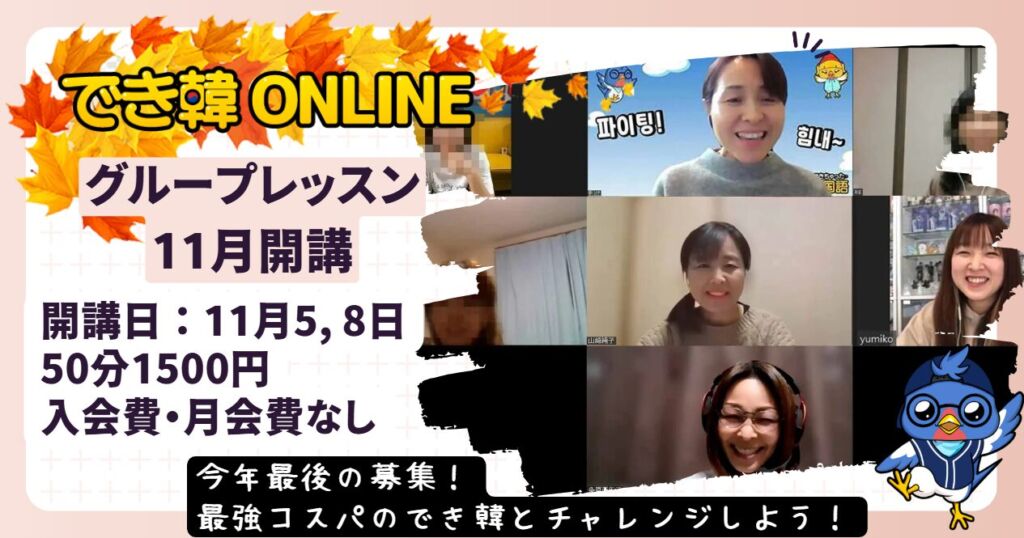 【韓国語 オンラインレッスン】今年最後、神コスパ！でき韓グループレッスン11月募集開始