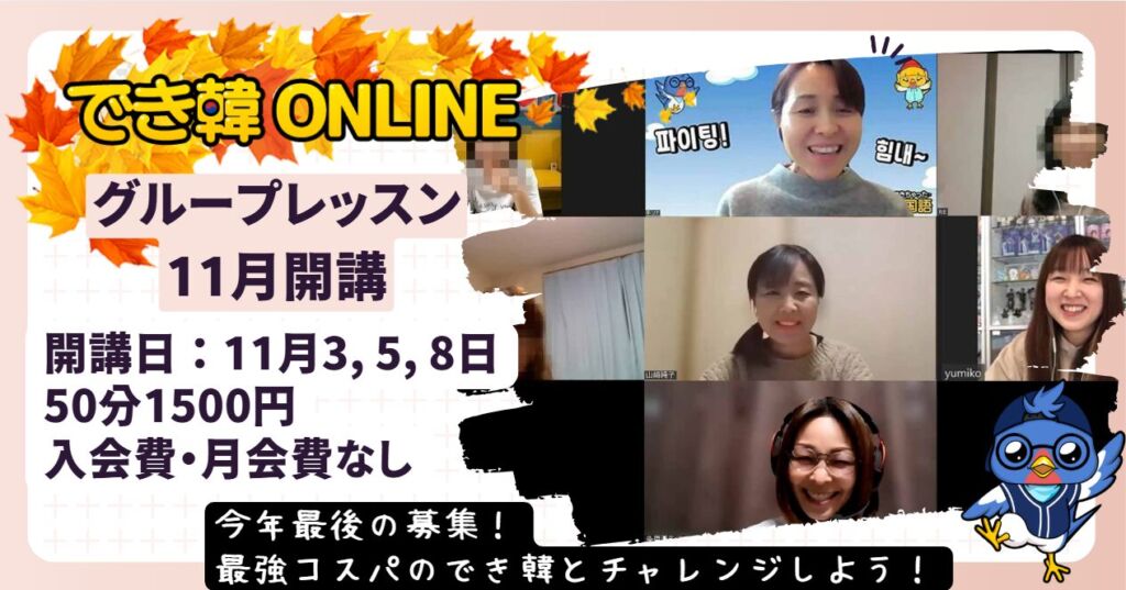 【韓国語 オンラインレッスン】今年最後、神コスパ！でき韓グループレッスン11月募集開始